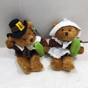 TWO Pilgrim Teddy Bears Thanksgiving Fall PLUSHLAND March of Dimes 8"